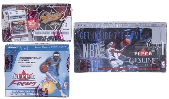 2003/04 Fleer Focus, 2003/04 Fleer Genuine Insider and 2003/04 Fleer Authentix Basketball Unopened Hobby Boxes Trio (3 Different) – Containing a Total of 72 Packs